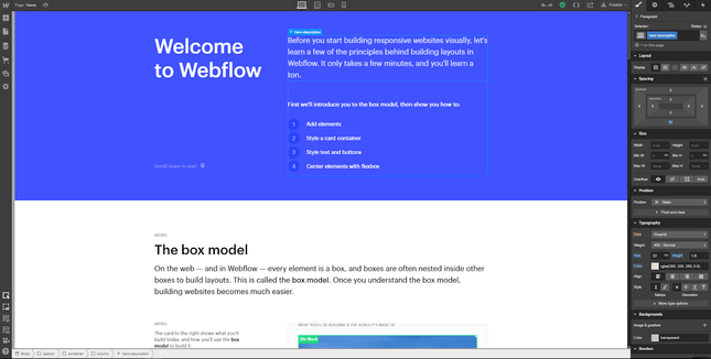 webflow editor webflow editor split between blue and white with editing tools on the right