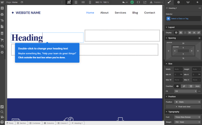 webflow page builder Editing a text box in Webflow's editor
