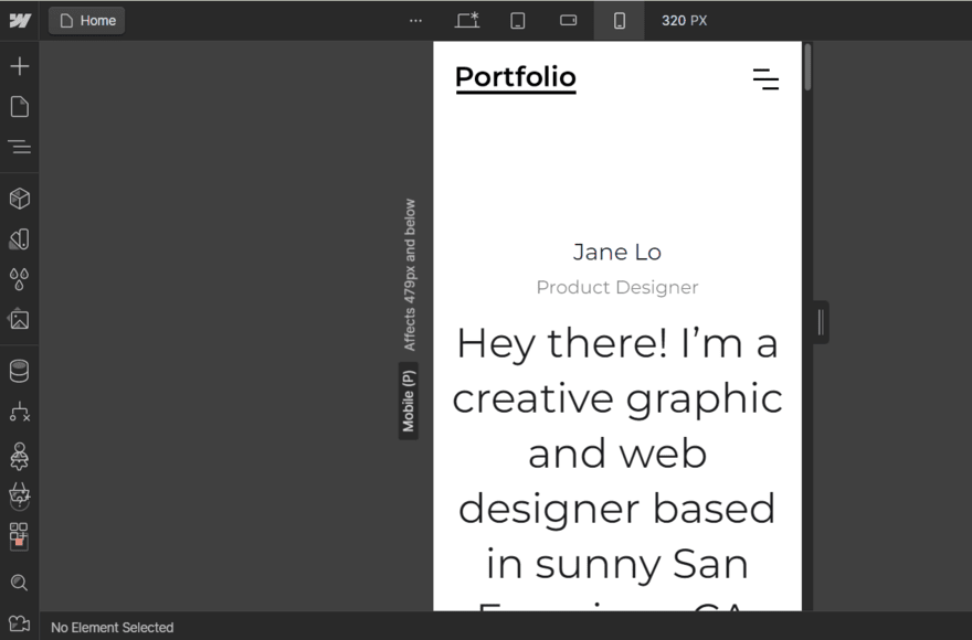 Webflow responsive templates Mobile view in Webflow's website editor