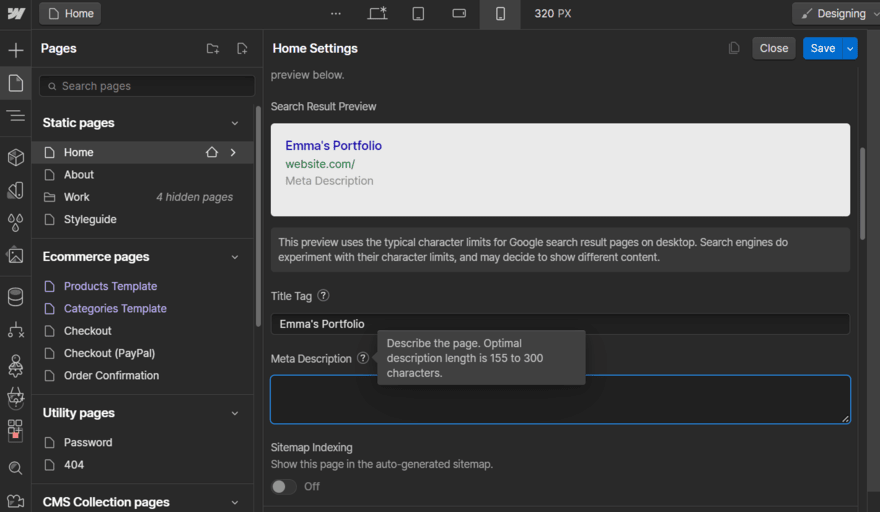 Webflow SEO page settings SEO page settings in Webflow's editor, adding a meta description