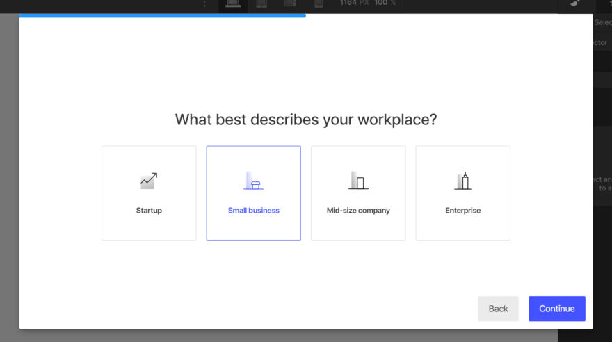 Webflow sign up process asking what best describes your workplace