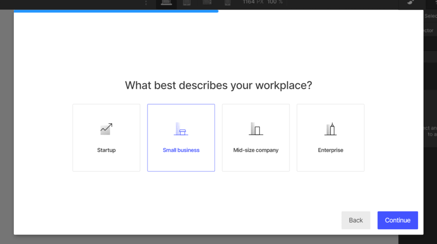 Webflow sign up Webflow sign up process asking what best describes your workplace