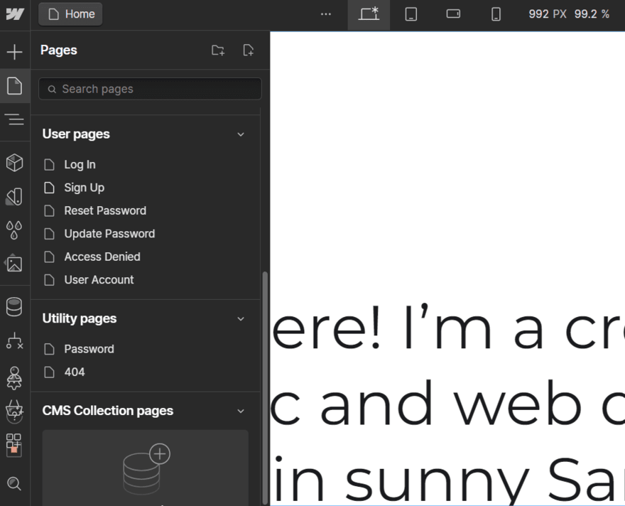 Webflow user pages Webflow user pages in website editor