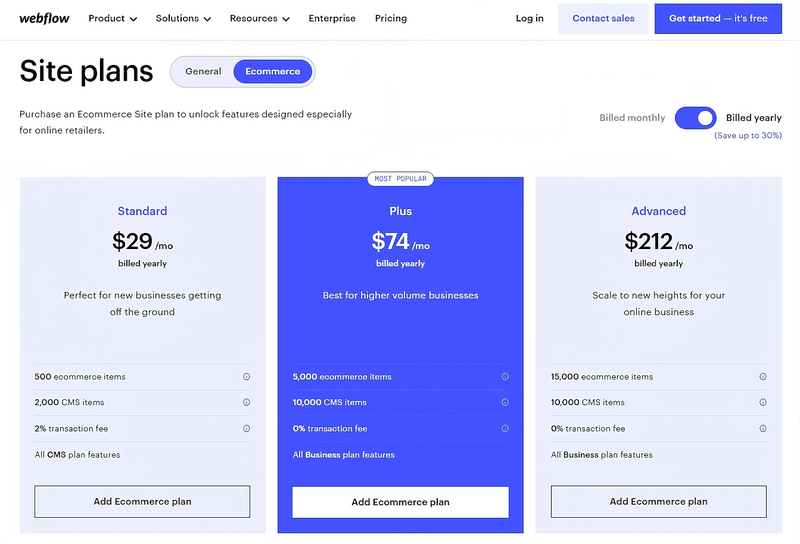 Webflow_ecommerce_pricing-VZG1b6APn-transformed (1) three columns of pricing costs with a blue highlighted in the middle