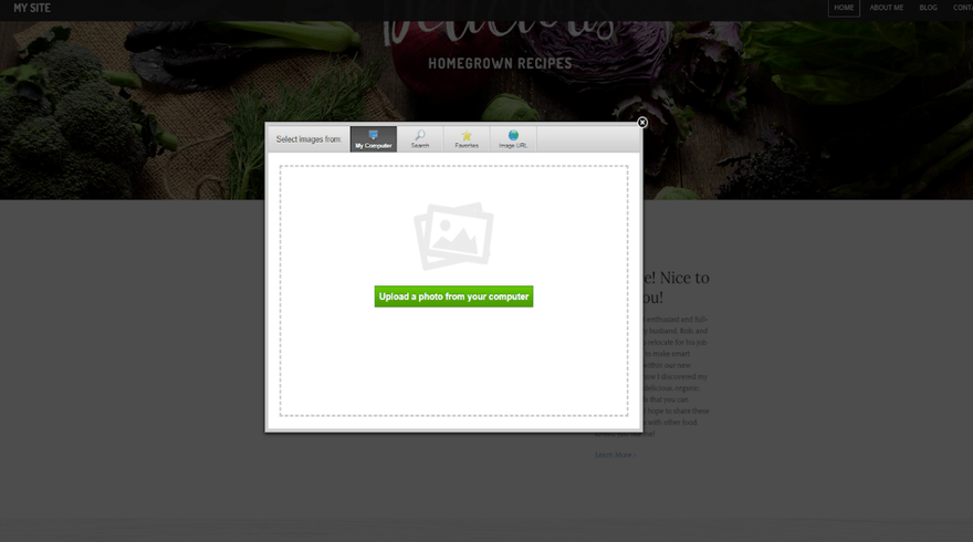 Weebly Add Images Pop up over a website homepage, featuring a button to upload new images to the editor