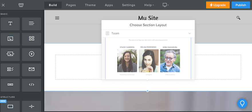 Weebly Add Section The Weebly editor showing a new section being added, and a section layout option box open.