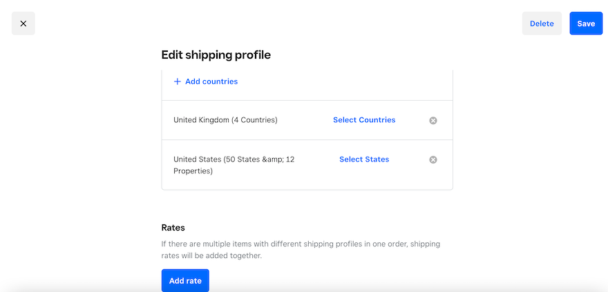 A weebly page showing shipping profiles with the title “Edit shipping profile”.