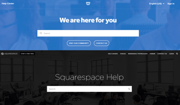 Weebly and Squarespace Help Centers Weebly and Squarespace Help Centers placed on top of one another with Weebly in blue and Squarespace in black