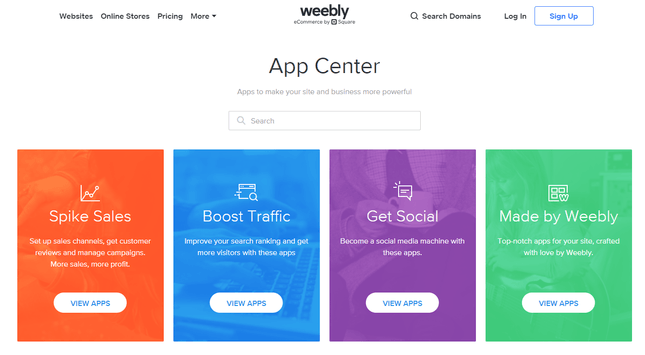 weebly app center weebly app center with orange, blue, purple and green blocks denoting different categories of apps