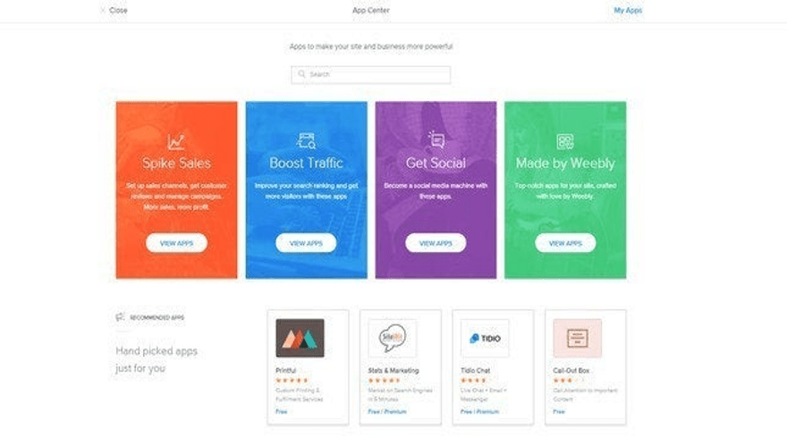 Weebly App Store Weebly's app store featuring a selection of apps and categories such as "Boost Traffic" and "Get Social"