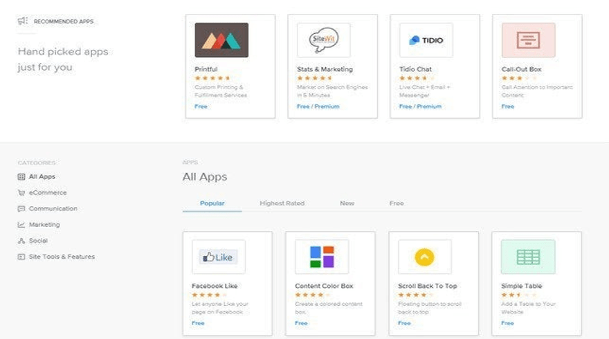 Weebly Apps Homepage Homepage of Weebly's app store featuring a selection of hand-picked apps in rows
