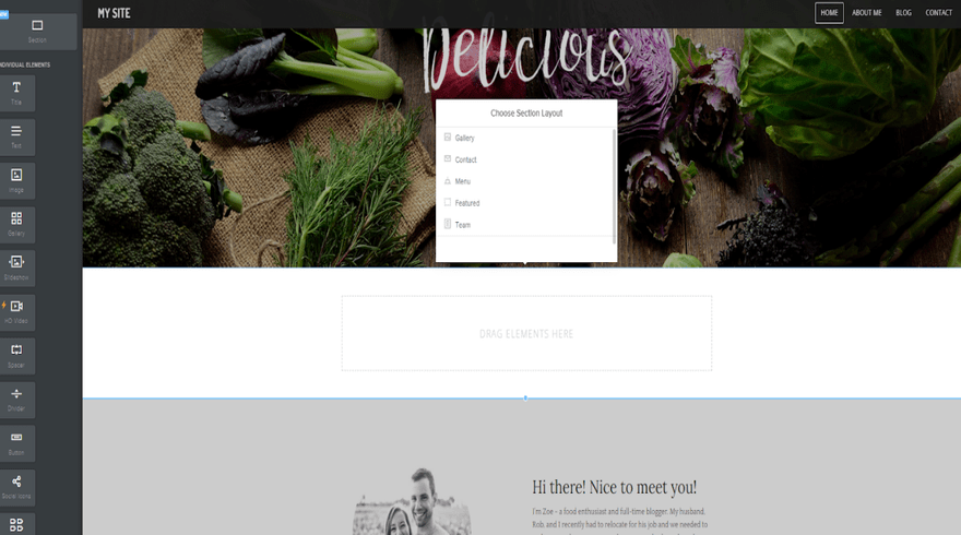 Weebly Change Section Layout Editor view of a Weebly website featuring a box to choose the style of section you want to add to the page