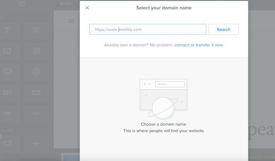 The Weebly editor with a gray popup box inviting you to connect your custom domain name.