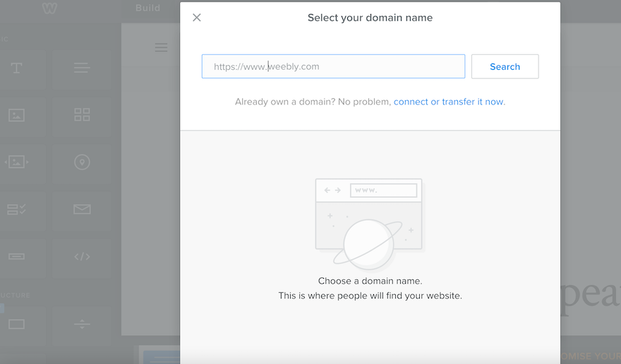 Weebly Connect Domain The Weebly editor with a gray popup box inviting you to connect your custom domain name.