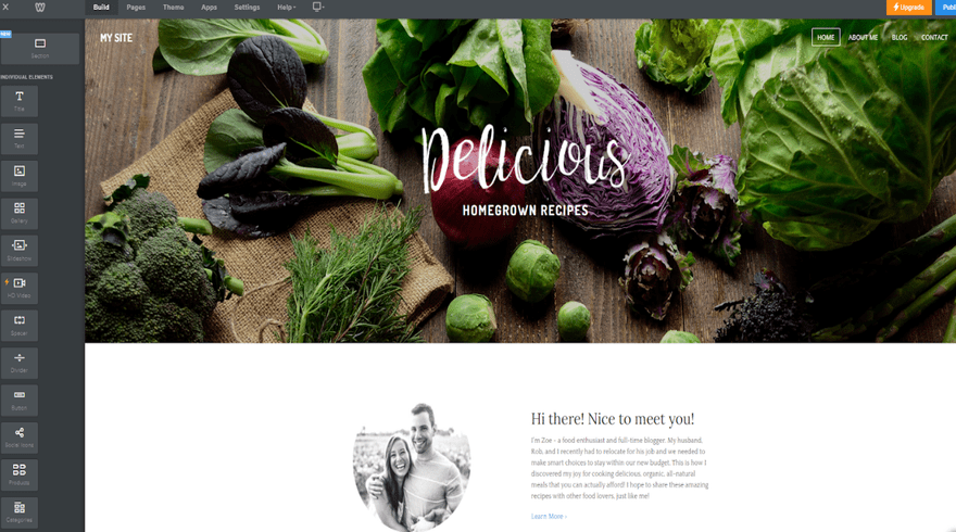 Weebly Editor Weebly's website builder editor in use, featuring the homepage of a website with the editor toolbar running down the left hand side of the screen