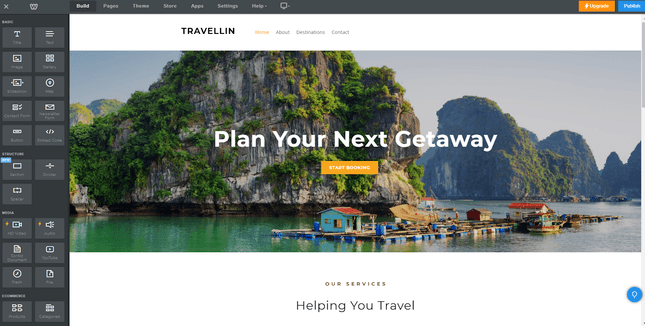 weebly editor weebly editor for atravel website showing a scenic southeast Asian bay with dock and islands in the backgorund
