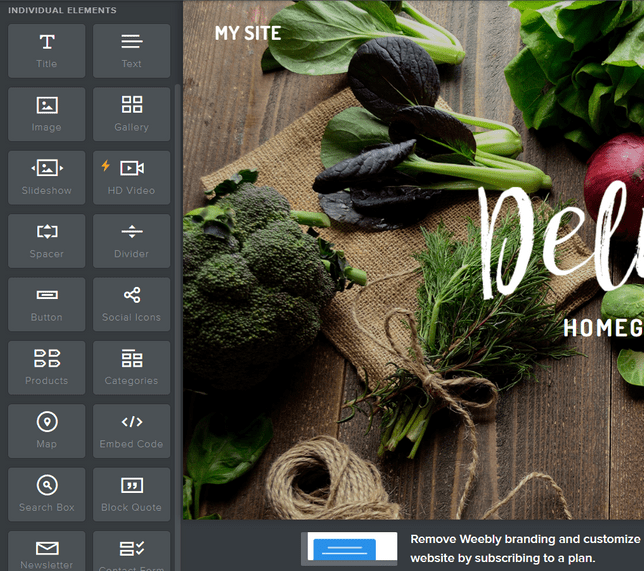 Weebly Elements Toolbar Weebly's elements bar sitting to the left of a website homepage, featuring columns of icons