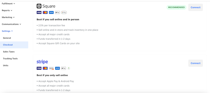 Weebly Payment Processors Weebly Payment Processor pay showing integration options for Square and Stripe.