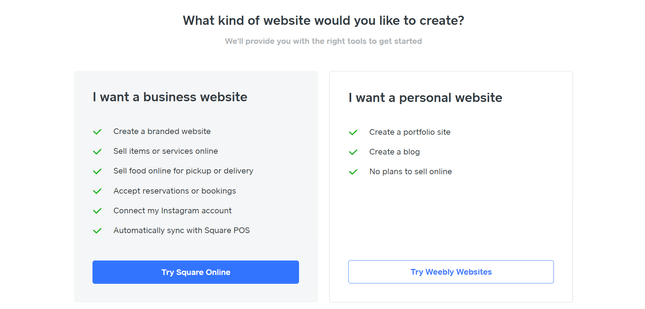 Weebly Personal or Business Website Weebly Personal or Business Website page with summary of features and buttons for each option