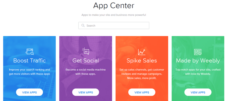 weebly review app center weebly app center with four categories denoted by a different coloured block with small symbol on it