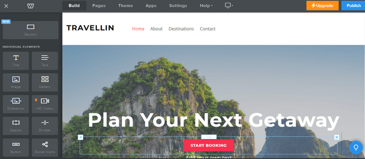 weebly review drag and drop editor weebly drag and drop editor will toolbar on the left and a travel website to be edited with tropical mountain and white text