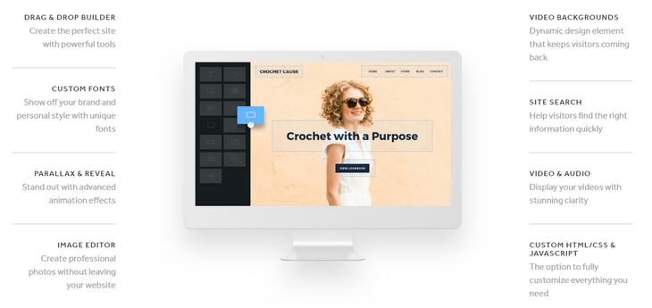weebly review website builder design featurees weebly website features info page with lists of features and a screenshot of the editor on a fake monitor in the middle