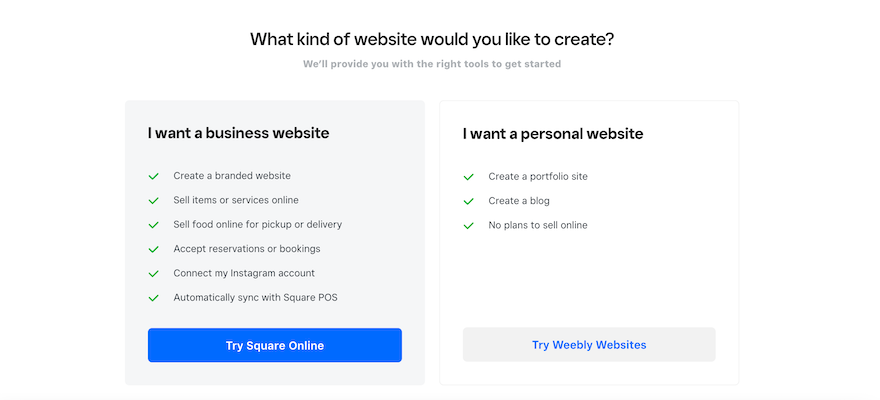 Weebly setup page showing two options for creating a website, one the option to create a business website with Square Online and the other an option to create a personal website.