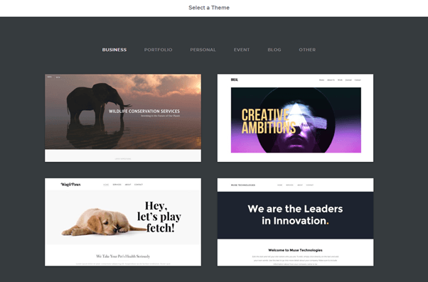 Weebly Themes weebly themes on a dark background showcasing four, featuring an elephant, a dog, a vinyl and then just white text.