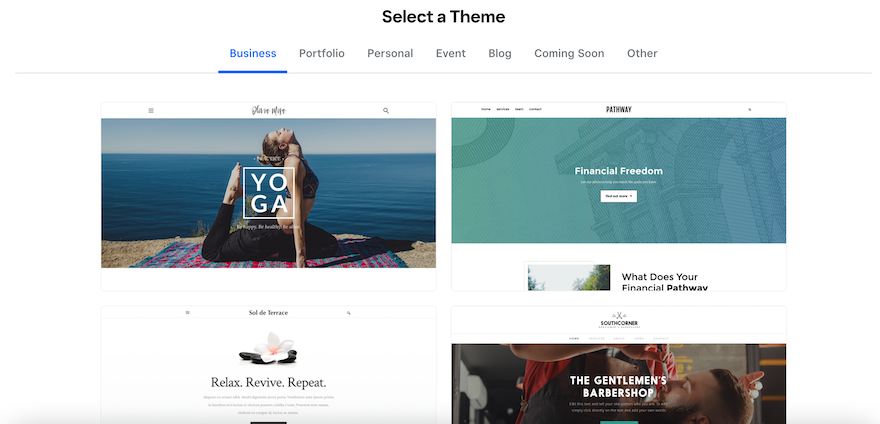 Weebly Themes Weebly’s theme page, showing four available themes for business websites.