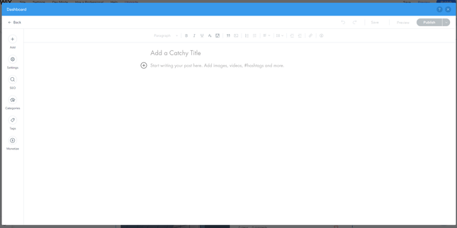 Wix Add Blog Post Wix Add Blog Post featuring large black space to write blog post and blue header with small sidebar menu on the left