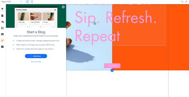 Wix Add Blog Wix Add Blog function with menu pop-up and blue button