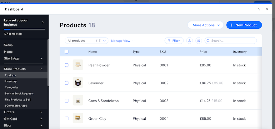 The Wix “Products page”, showing four products in a list followed by the type of product, the SKU, the price, and the inventory status.