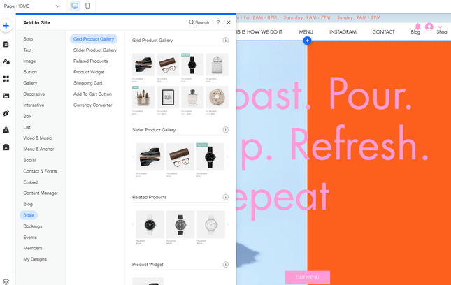 Wix Add Store opening the store feature in the wix editor with menu and product items appearing on the left hand side