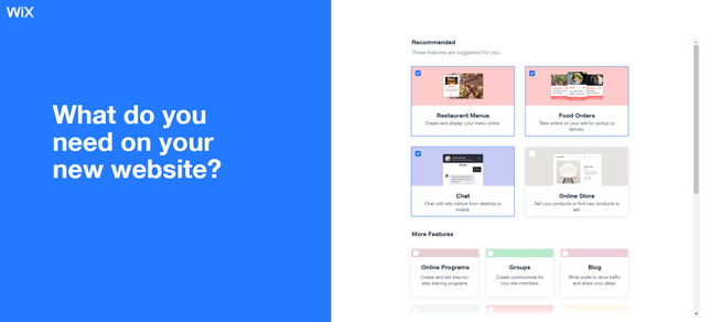 Wix ADI Add Features Wix ADI Add Features featuring a selection of features and a blue box n the left with a prompt