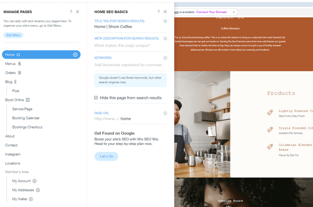 Wix ADI Edit SEO Basics Wix ADI Edit SEO Basics with a more in-depth look at Wix's SEO capabilities in a side menu