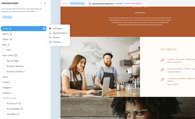 Wix ADI SEO Settings Wix ADI SEO Settings menu on the wix editor with website in the back featuring pic of a man and woman barista