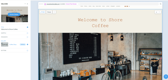 Wix ADI Smart Assistant Wix ADI Smart Assistant with a pic of the 'Shore Coffee' location plus a left hand side menu