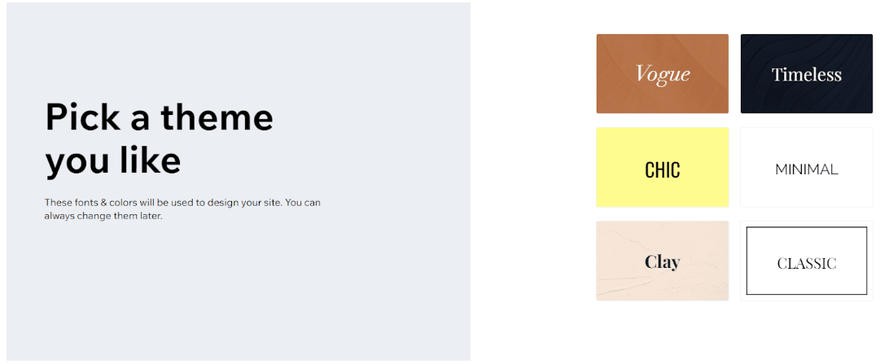 Wix ADI theme selection A grid of different coloured squares denoting styles next to a grey background with text asking to pick a theme.