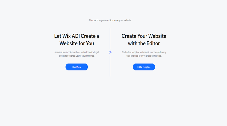Wix ADI Wix ADI homepage on blank background with choice to use ADI or create website form scratch