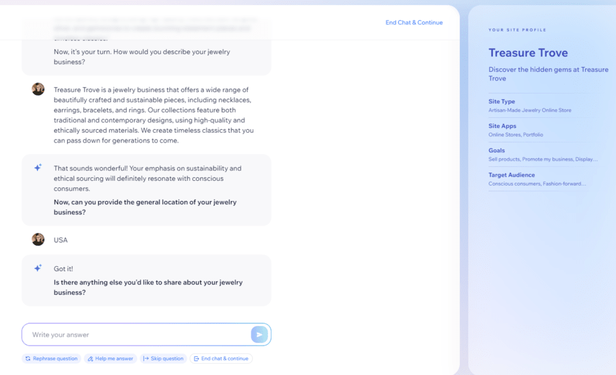 Wix AI builder form Wix AI chatbot asking us questions to help create a personalized website experience