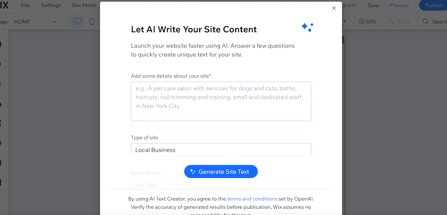 Wix AI writer popup open with blank fields for users to fill in so Wix can generate text for the website.
