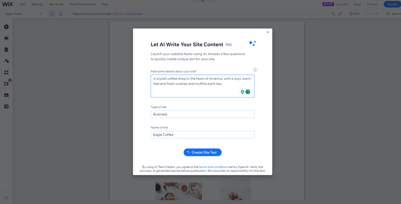 Wix AI pop-up A white pop up with text inputs and a blue button