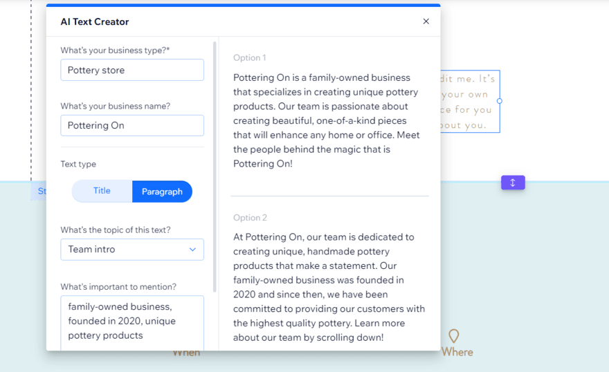 Wix AI Text Creator form with prompt for a pottery business and suggested copy produced by AI