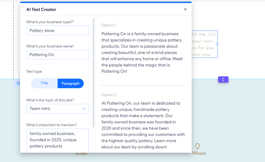 Wix AI text creator (1) Wix AI Text Creator form with prompt for a pottery business and suggested copy produced by AI