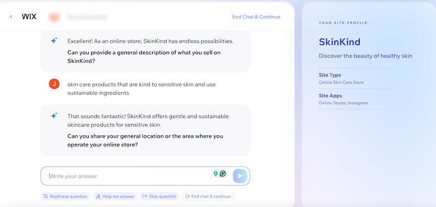 Wix AI setup chatbot with ongoing conversation on the left and a purple summary panel on the right.