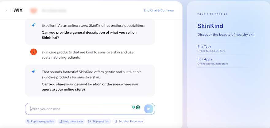 Wix AI Website Builder Wix AI setup chatbot with ongoing conversation on the left and a purple summary panel on the right.