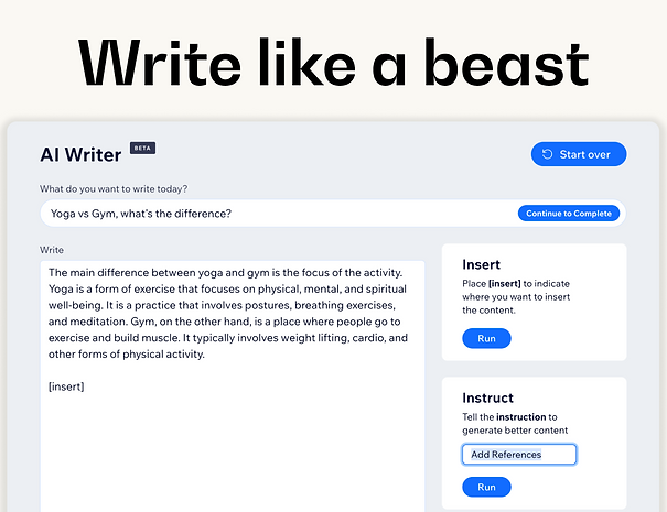 wix ai A screenshot of Wix's AI text feature with text box and then then an insert and instruct box