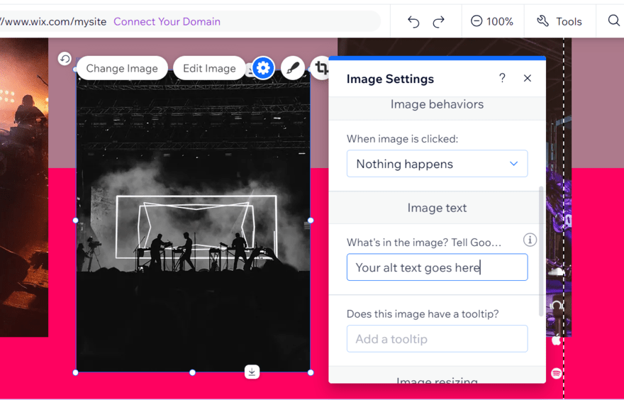 Wix alt text Image settings pop up in Wix editor