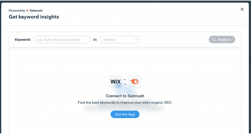 Wix and Semrush integration Semrush on Wix dashboard for searching keywords