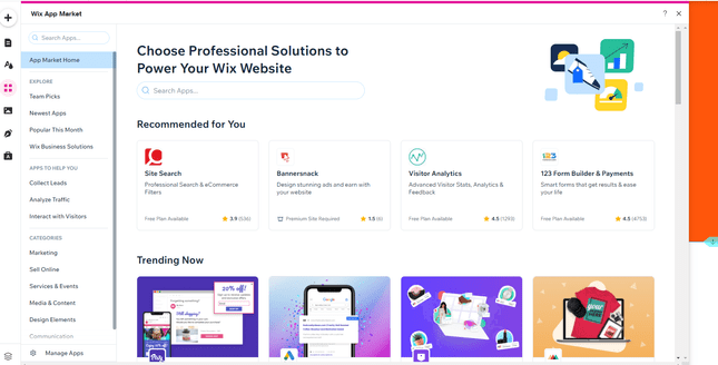 Wix App Market Wix App Market with menu sidebar to the left and rows of apps